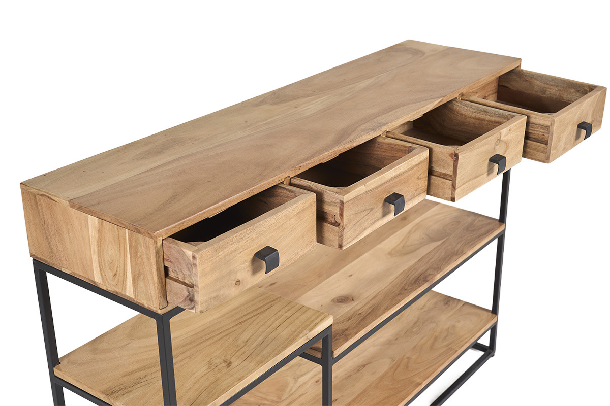 Consolle industriale in legno di acacia e metallo nero con 4 cassetti aperti, vista da 3/4.