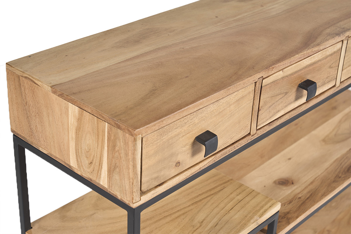 Consolle industriale in legno e metallo con 4 cassetti e scaffali, vista ingrandita.