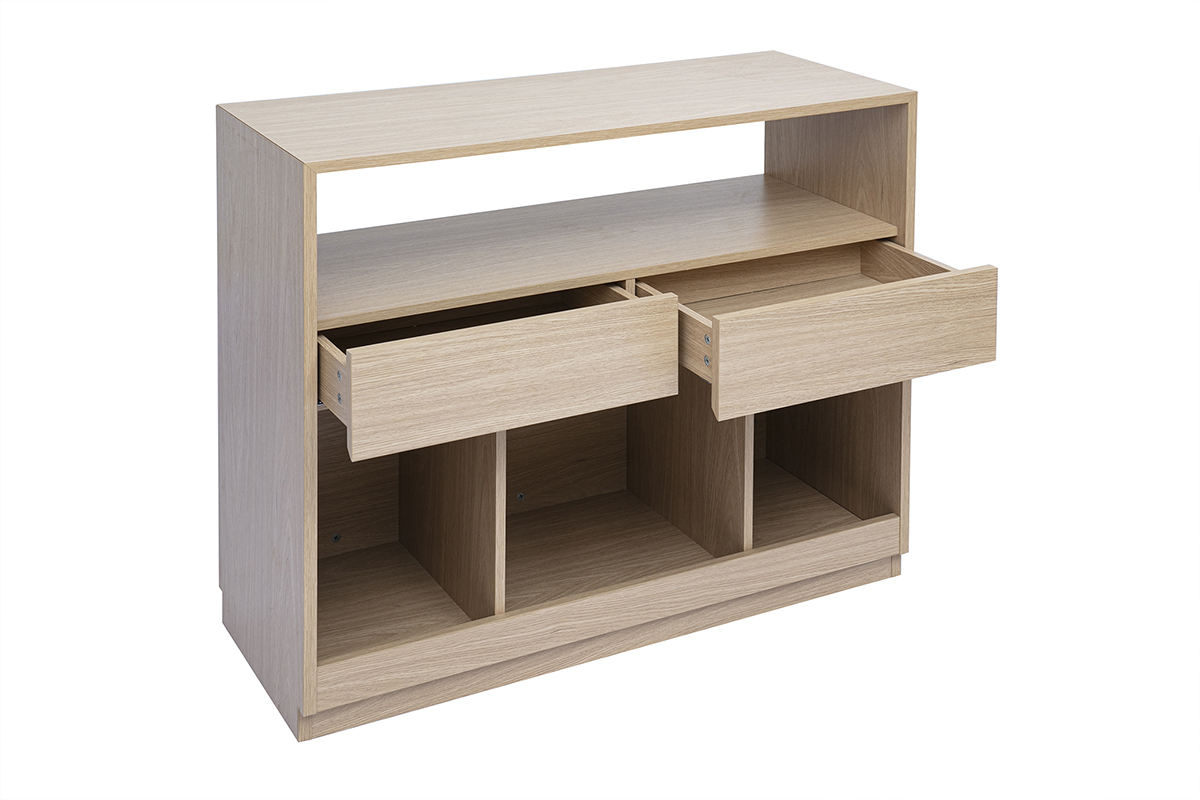 Consolle in legno chiaro RUBINA con cassetti aperti, tre nicchie di stoccaggio. Vista 3/4.