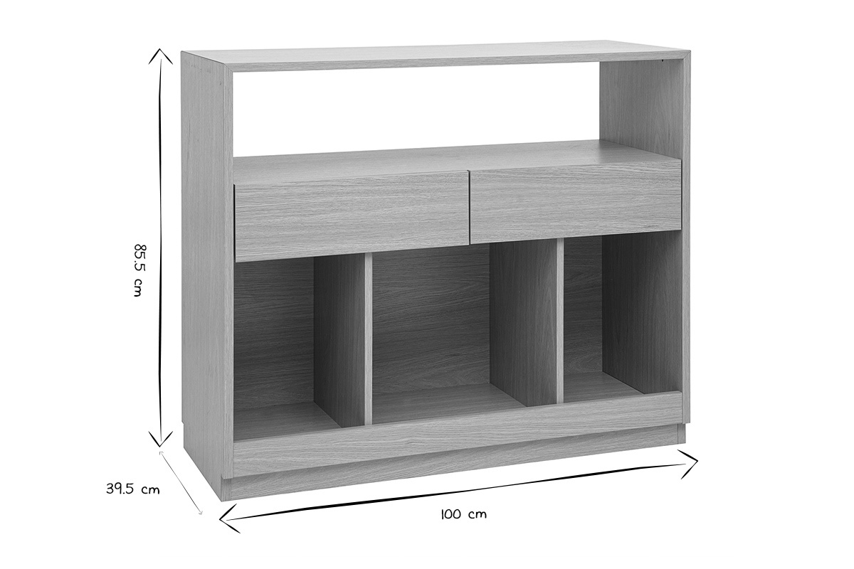 Dimensioni della console RUBINA in nero e bianco, L100xH85,5xP39,5 cm con cassetti e nicchie.
