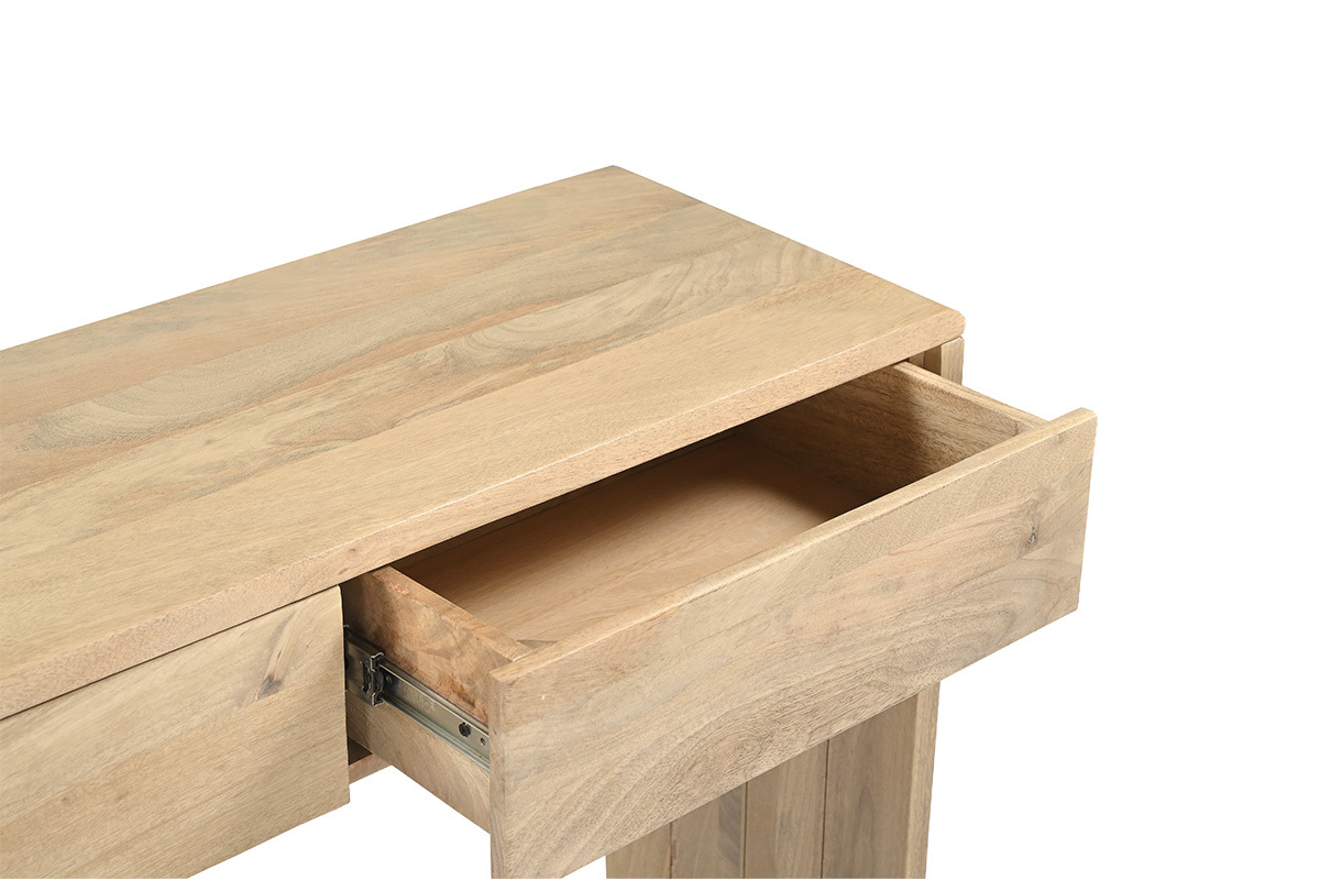 Console in legno chiaro di mango massello con cassetti, vista dall'alto