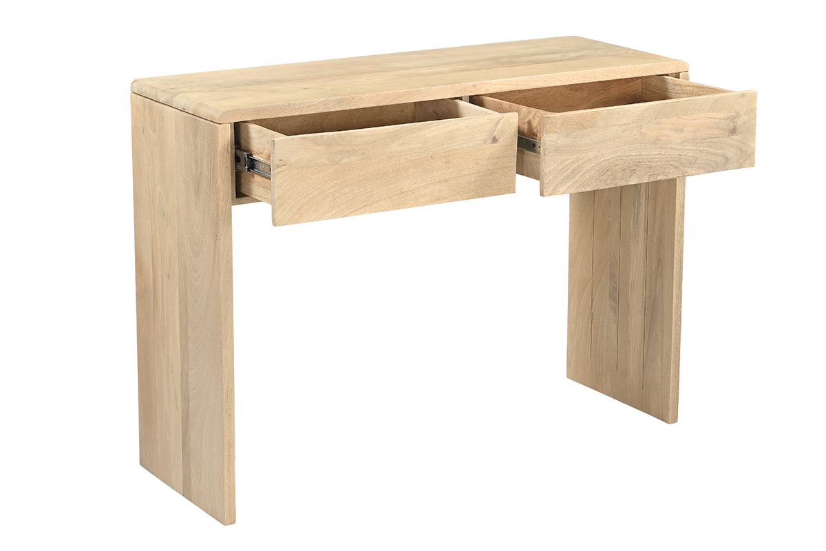 Consolle in legno chiaro di mango massello con due cassetti, vista a 3/4