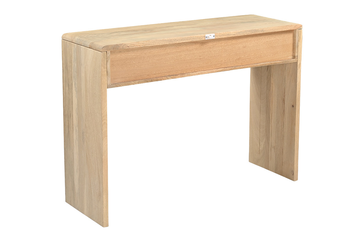 Console in legno chiaro di mango massello L105 cm con vani portaoggetti e cassetto, vista posteriore.