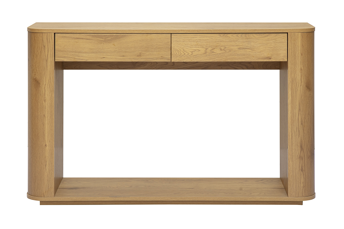 Consolle in legno chiaro di quercia con 2 cassetti, vista frontale, design pulito, lunghezza 120 cm.