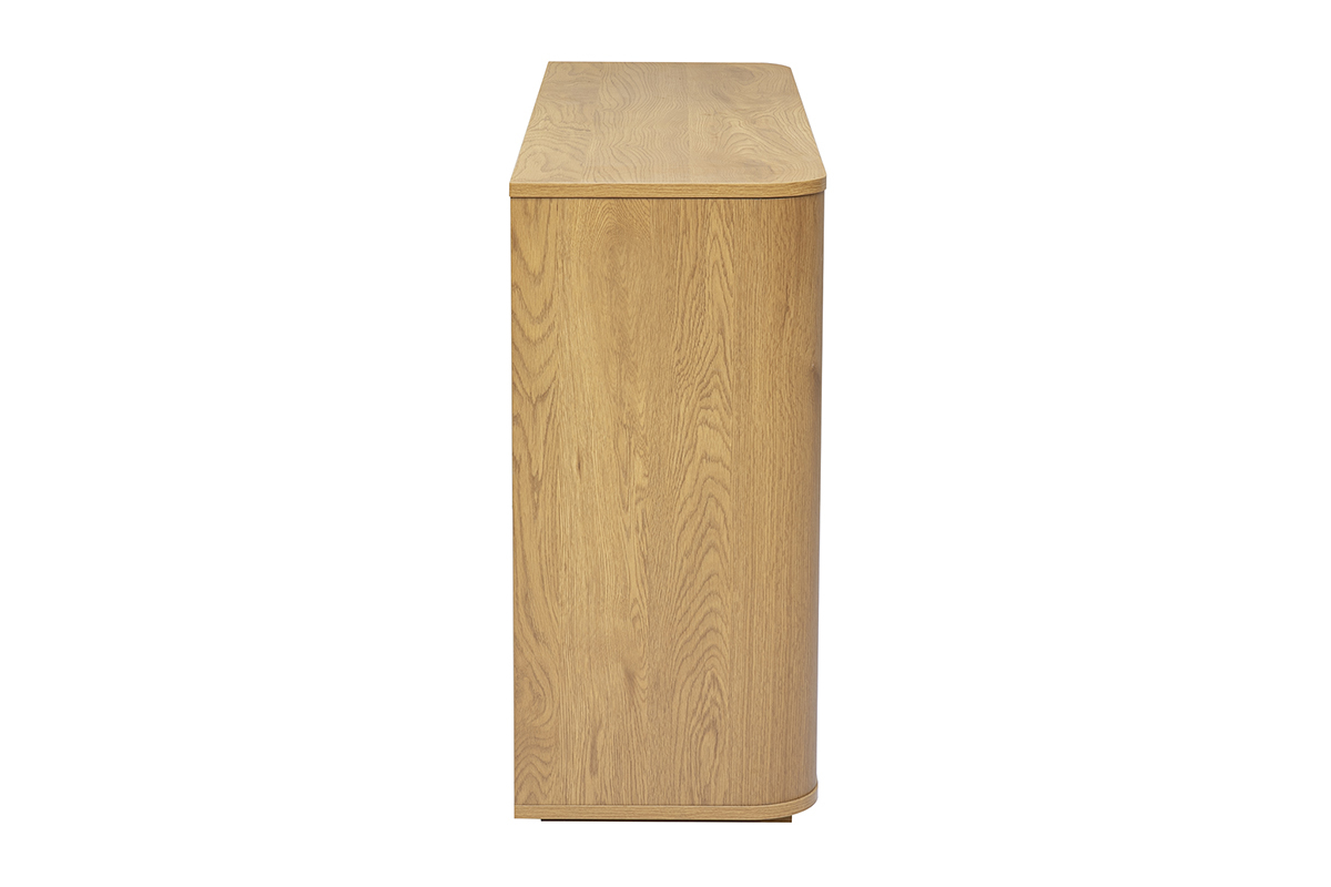 Console in legno chiaro di quercia, vista laterale, con due cassetti.