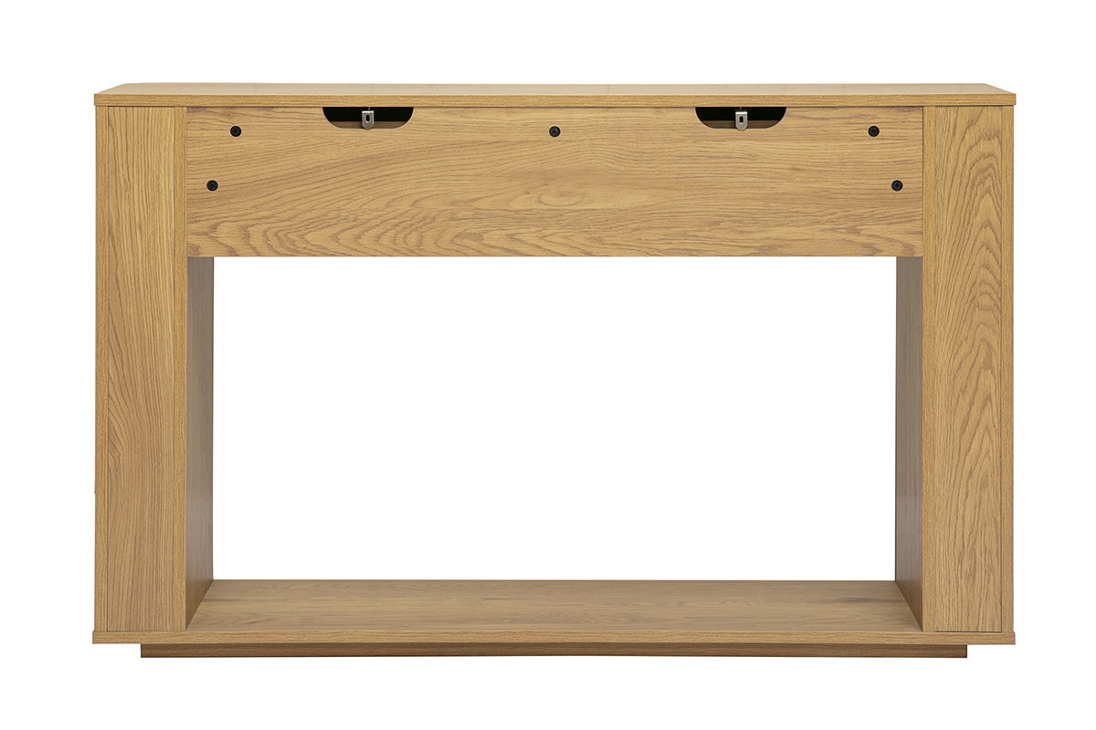 Consolle in legno chiaro di quercia con due cassetti, vista posteriore.