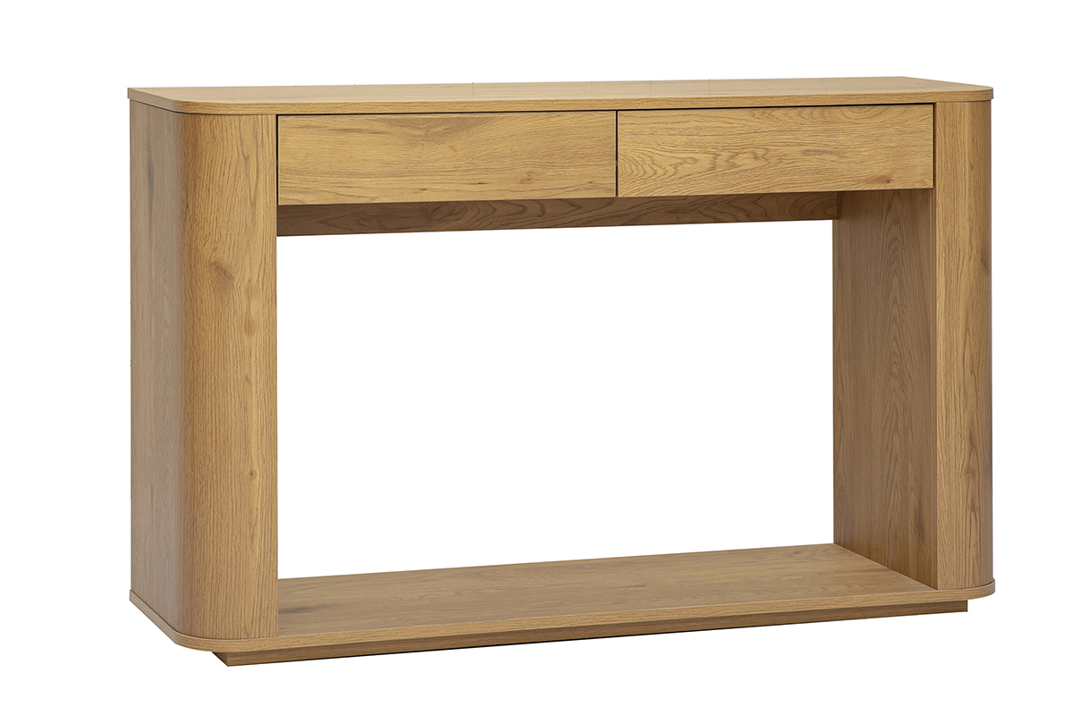 Consolle in legno chiaro di quercia con due cassetti, vista a 3/4.