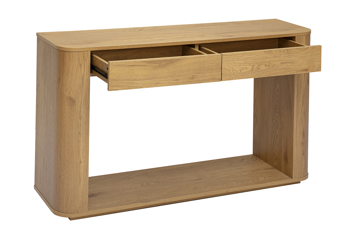 Console in legno di rovere chiaro con 2 cassetti, vista a 3/4, design essenziale.