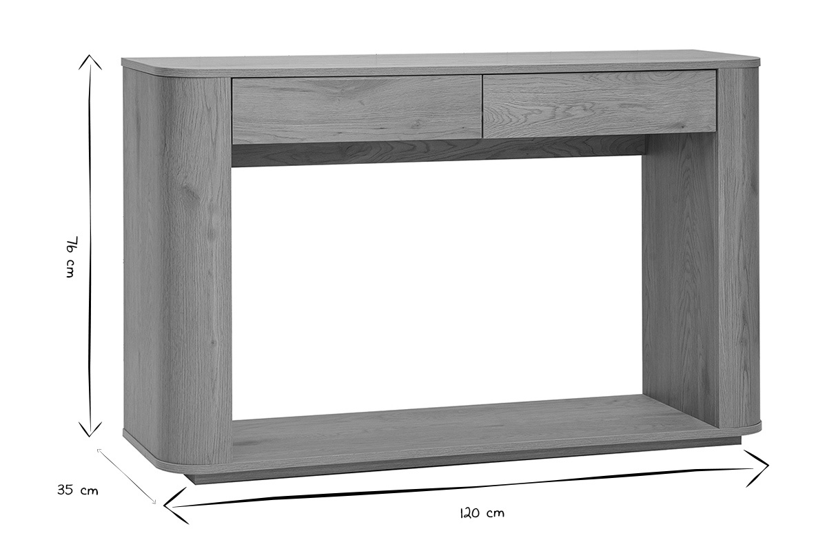 Dimensioni della console NEGAN in bianco e nero: L120 cm, A76 cm, P35 cm.