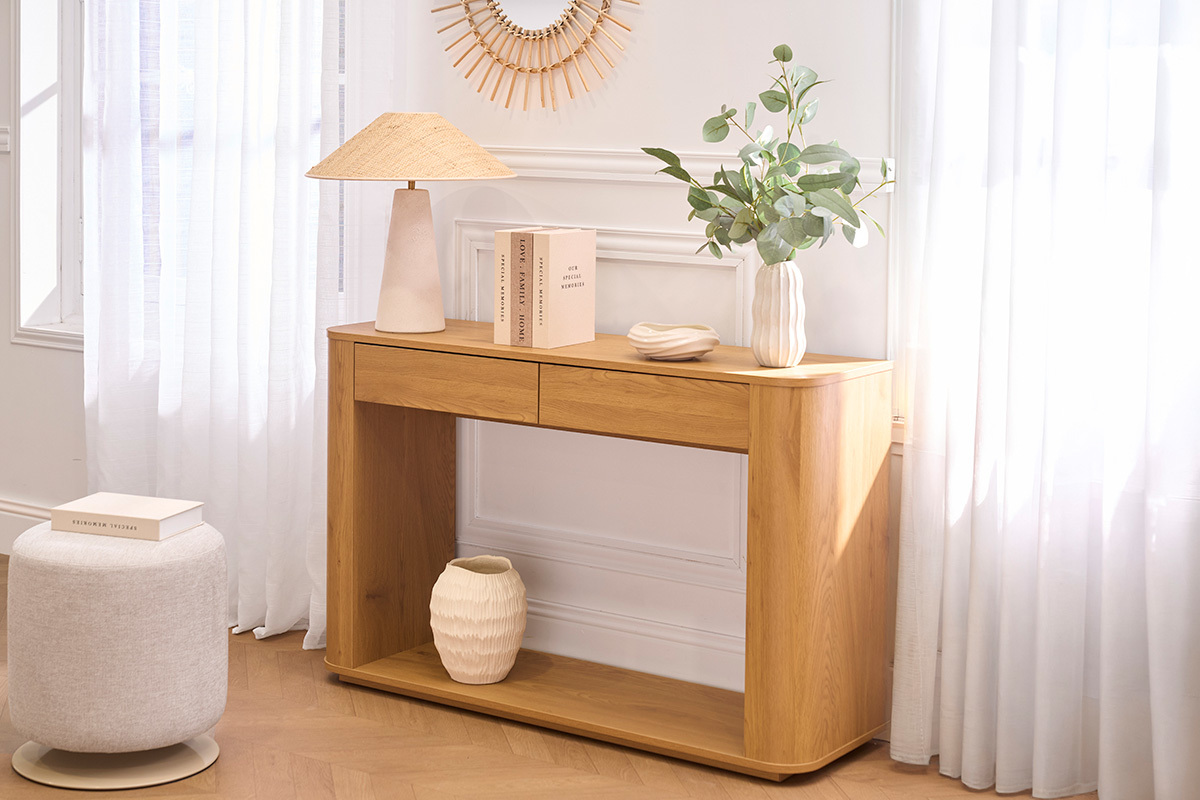 Console con finitura in legno chiaro rovere a 2 cassetti L120 cm NEGAN