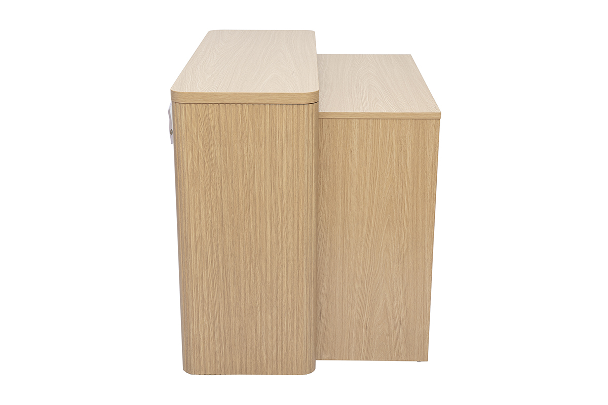 Consolle in legno chiaro di quercia con cassetti, vista laterale.