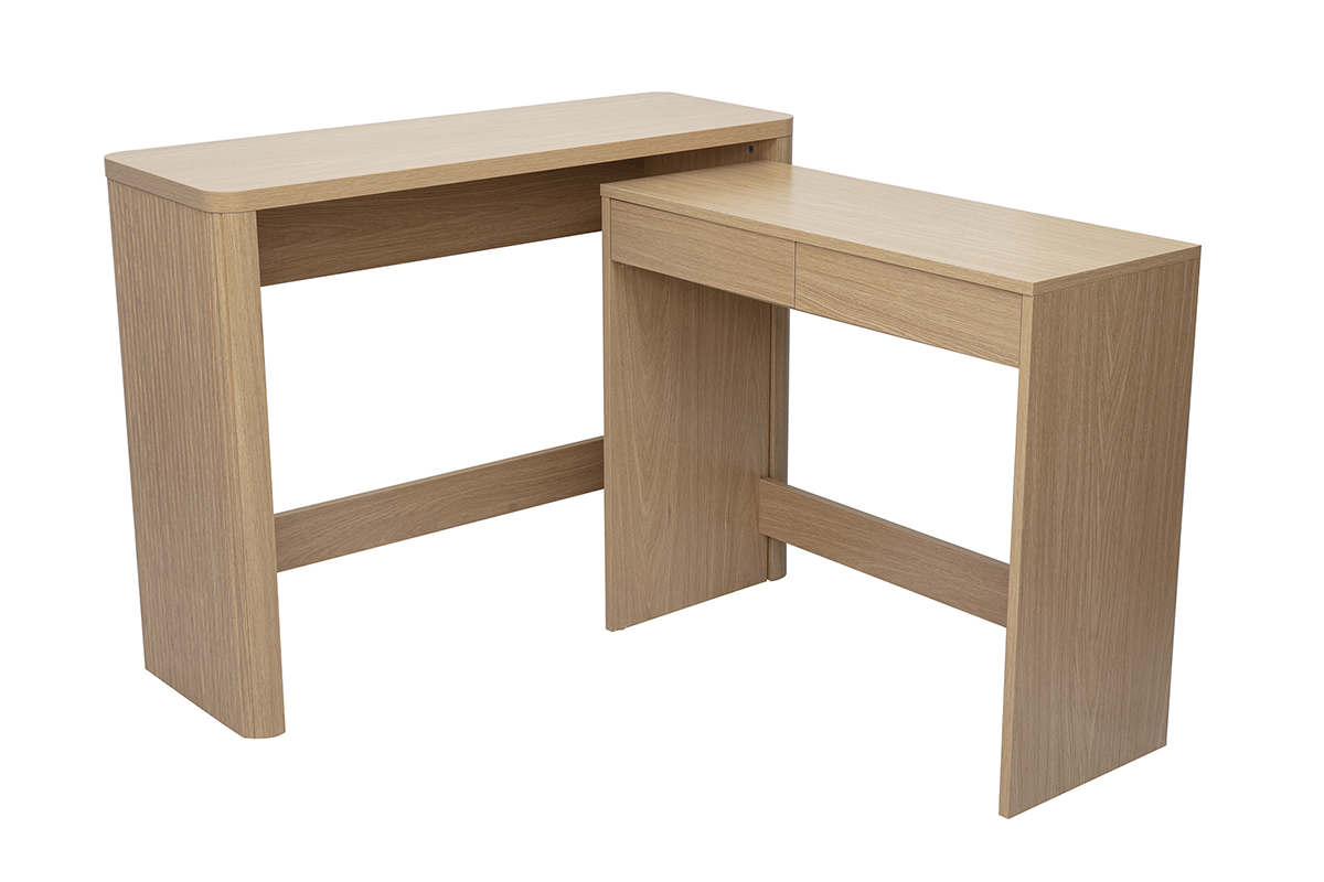 Scrivania console ENOLA con cassetti in legno di rovere chiaro, vista 3/4.