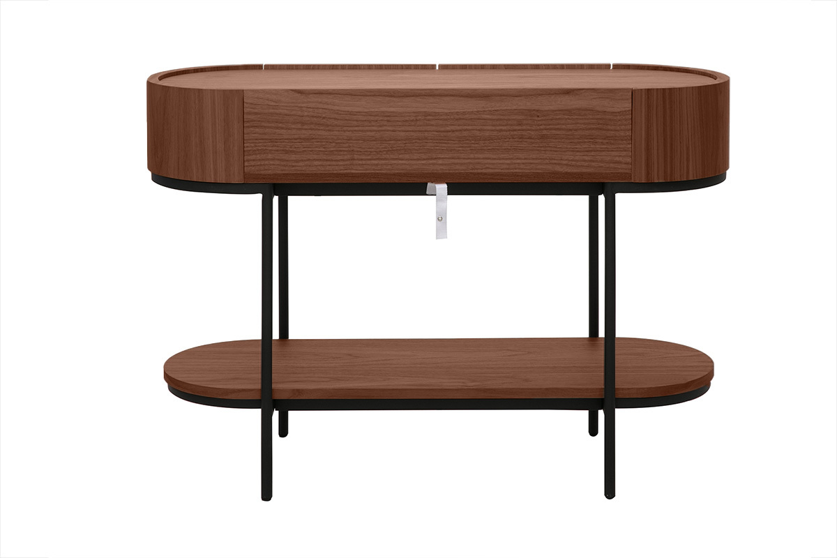 Console design in legno scuro di noce e metallo nero con cassetti, vista da dietro.