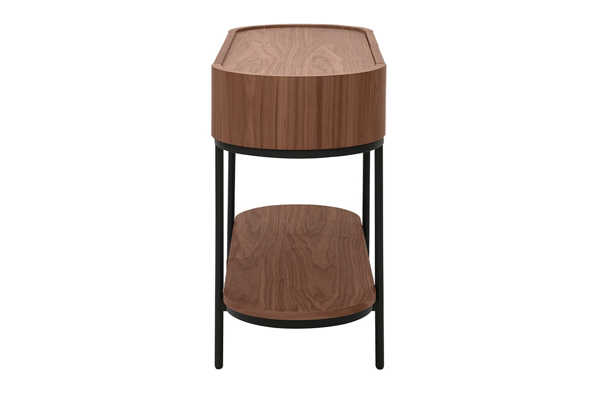 Consolle vista laterale in legno di noce e metallo nero con ripiano e cassetti ovali.