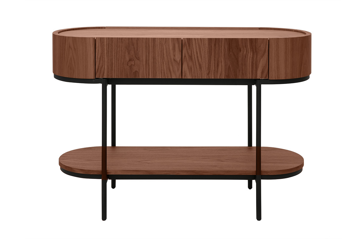 Console SKYE in legno scuro con cassetti, struttura in metallo nero. Vista frontale.