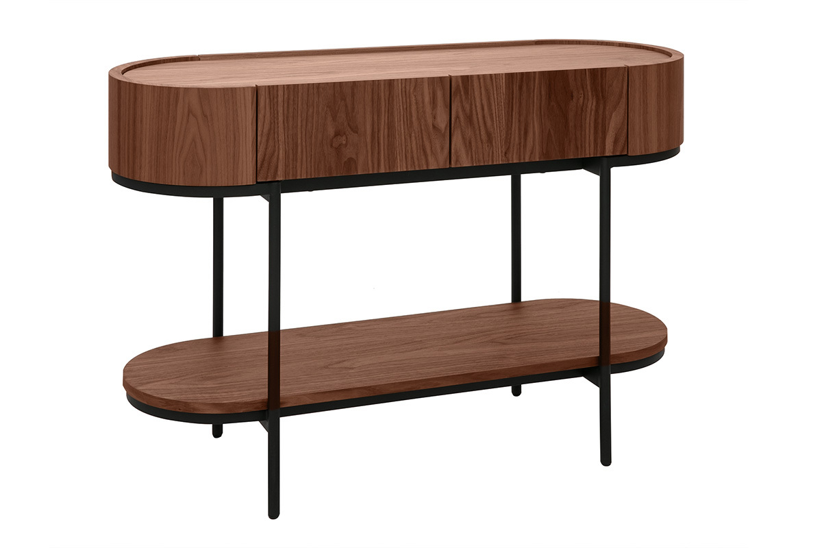 Consolle in noce scuro con metallo nero, vista da 3/4, due cassetti e ripiano inferiore.