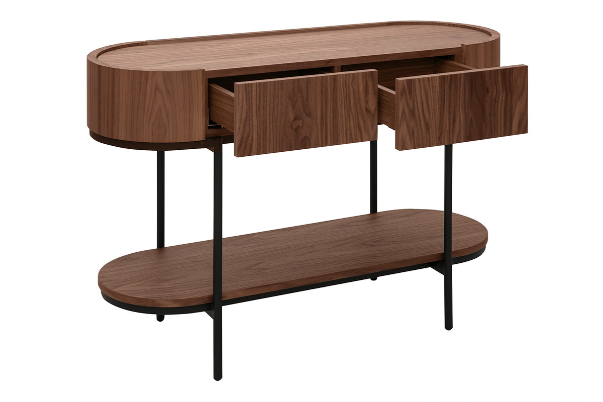 Console SKYE in legno scuro di noce con cassetti aperti e struttura in metallo nero, vista da una leggera altezza.