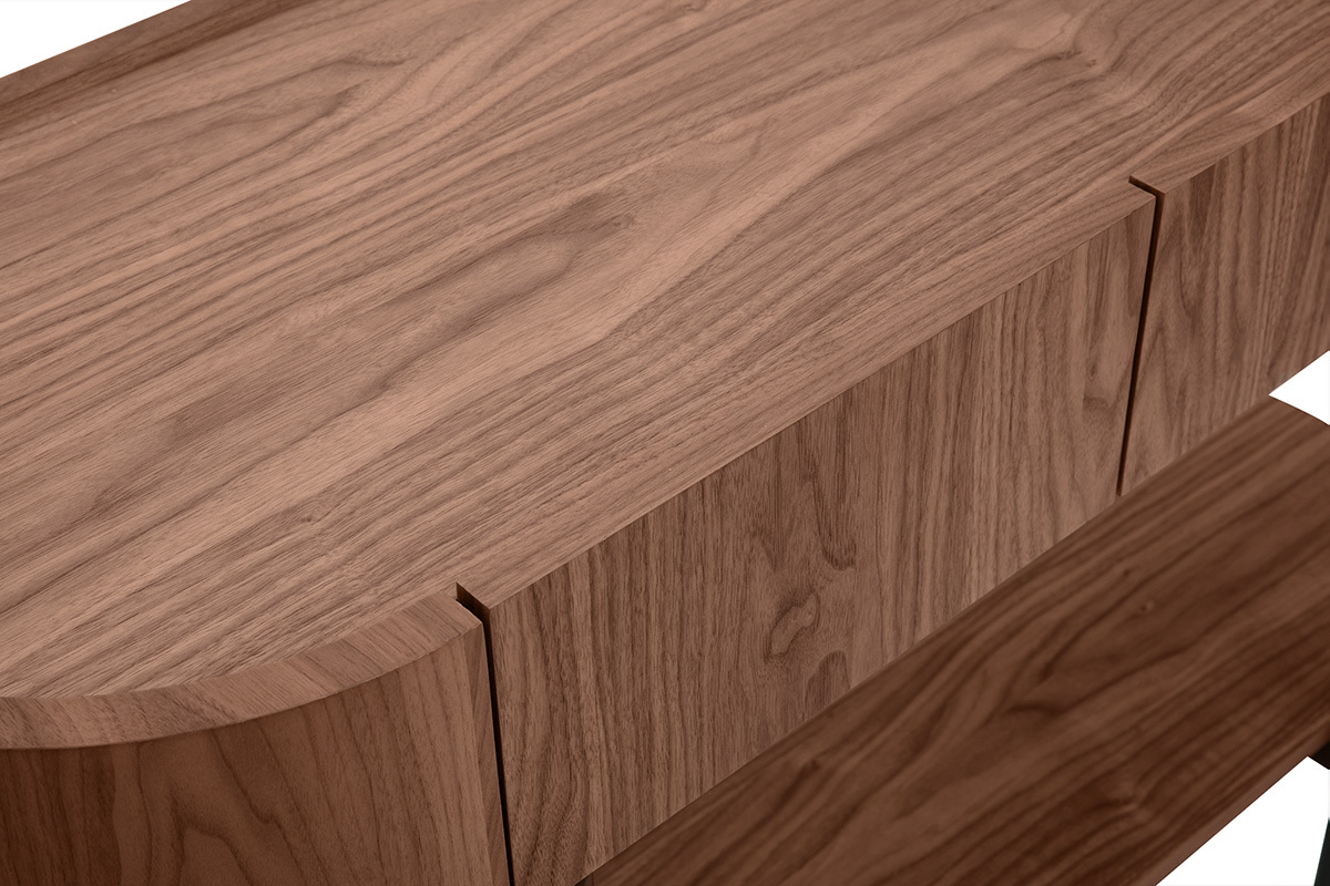 Primo piano della console SKYE in noce scuro con cassetti chiusi.