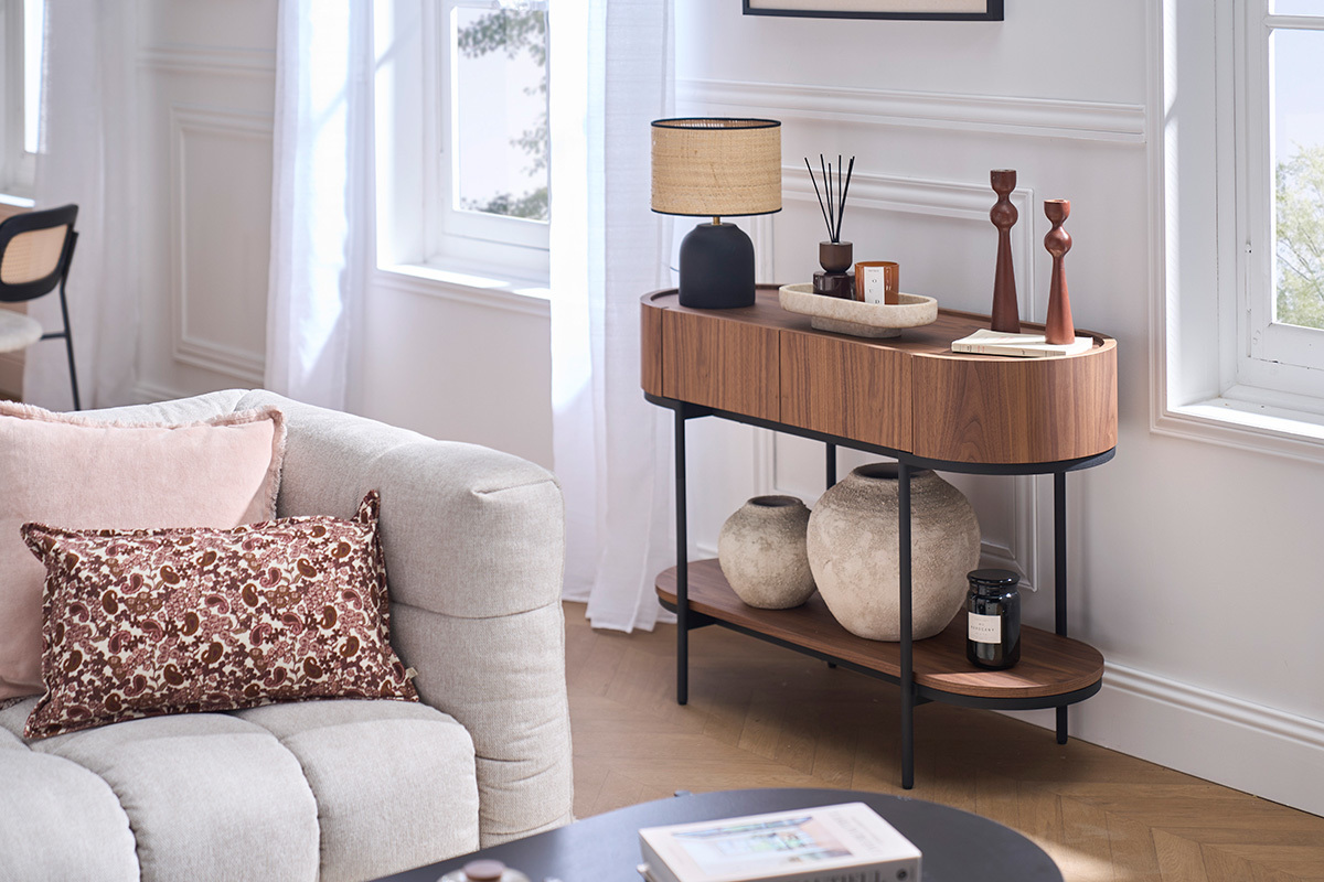 Console design con cassetti in legno scuro noce e metallo nero L110 cm SKYE