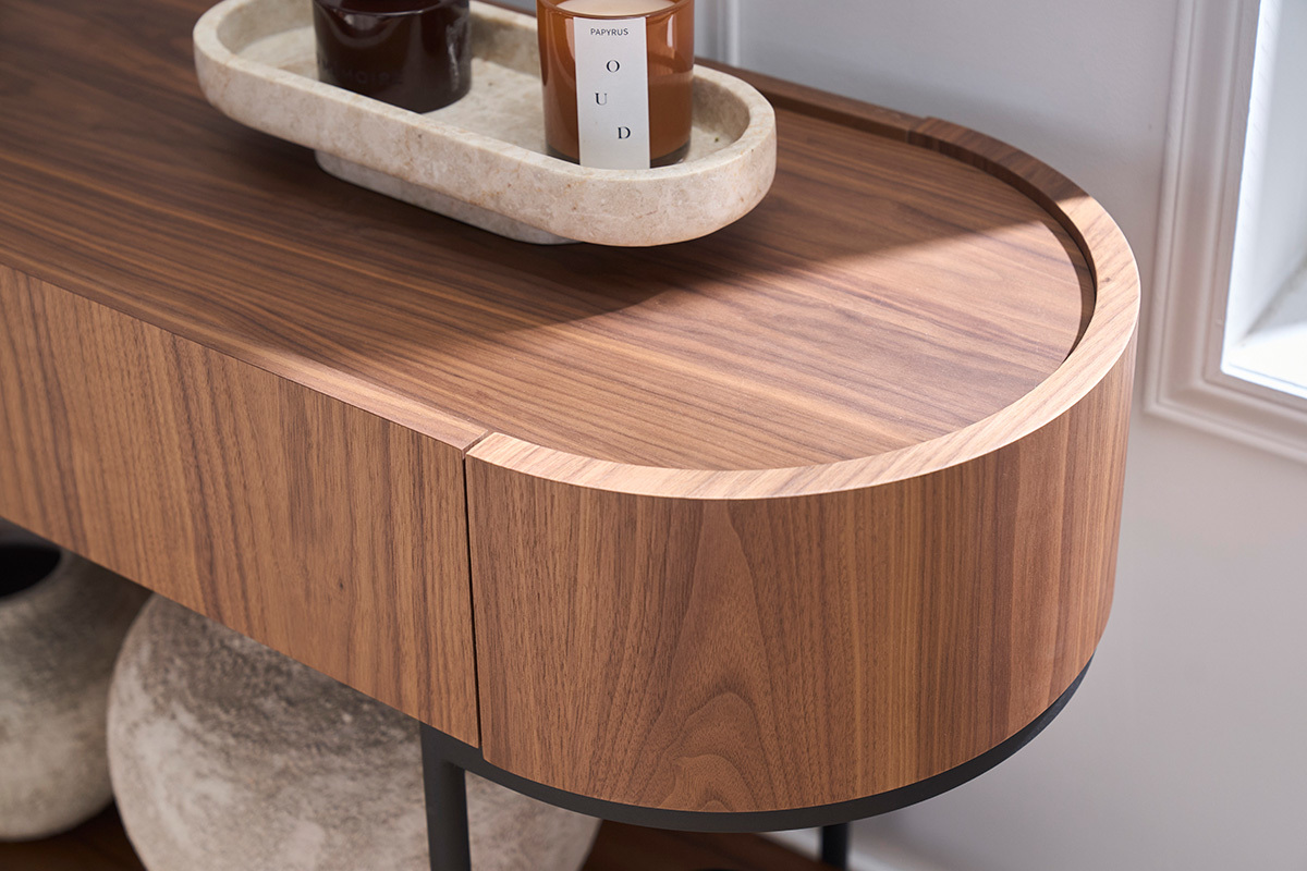 Console design con cassetti in legno scuro noce e metallo nero L110 cm SKYE