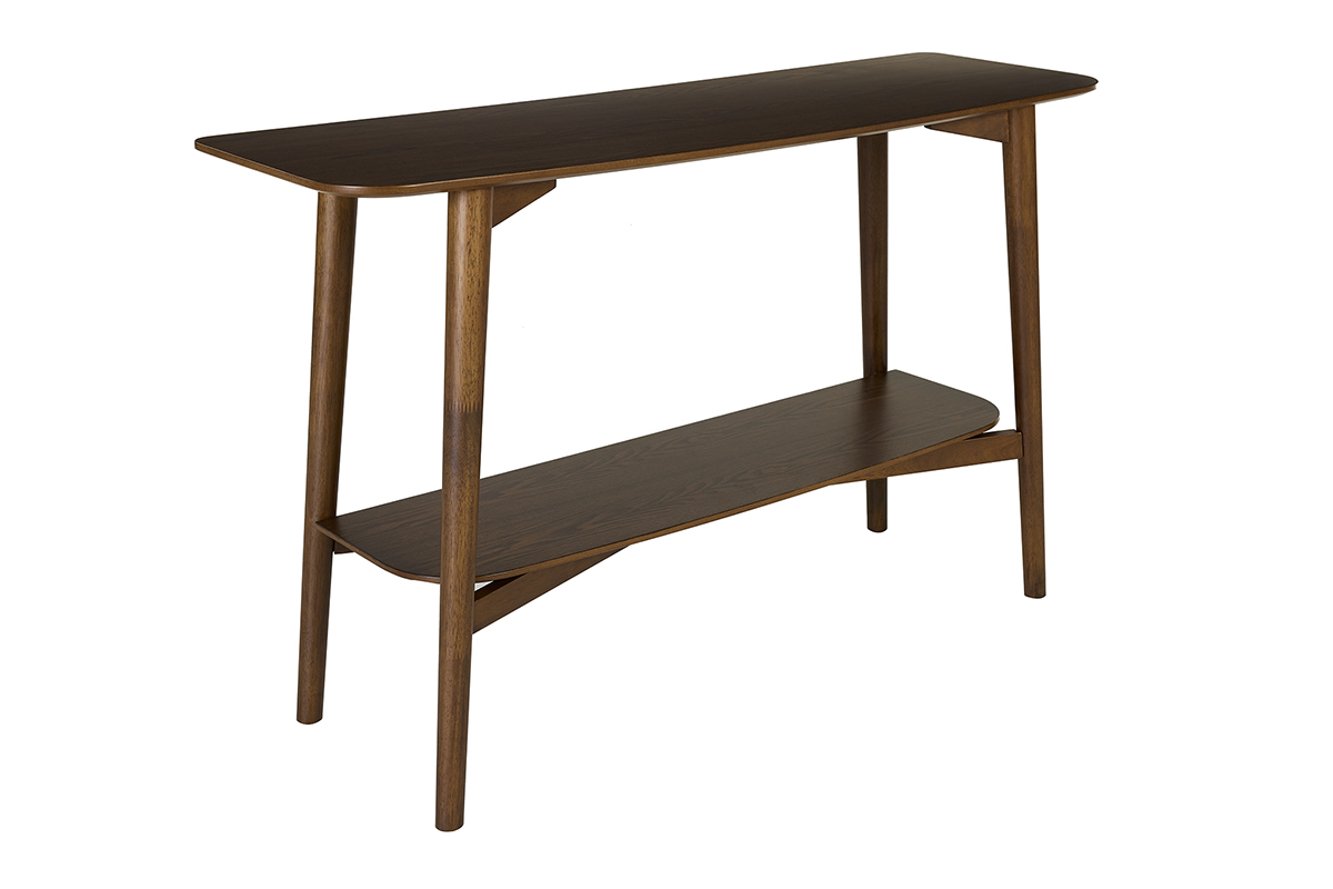 Console in legno scuro a due livelli, vista da 3/4.