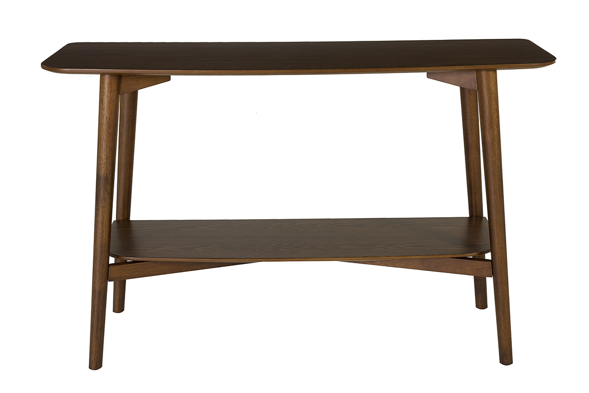 Console in legno scuro con due ripiani, vista frontale.