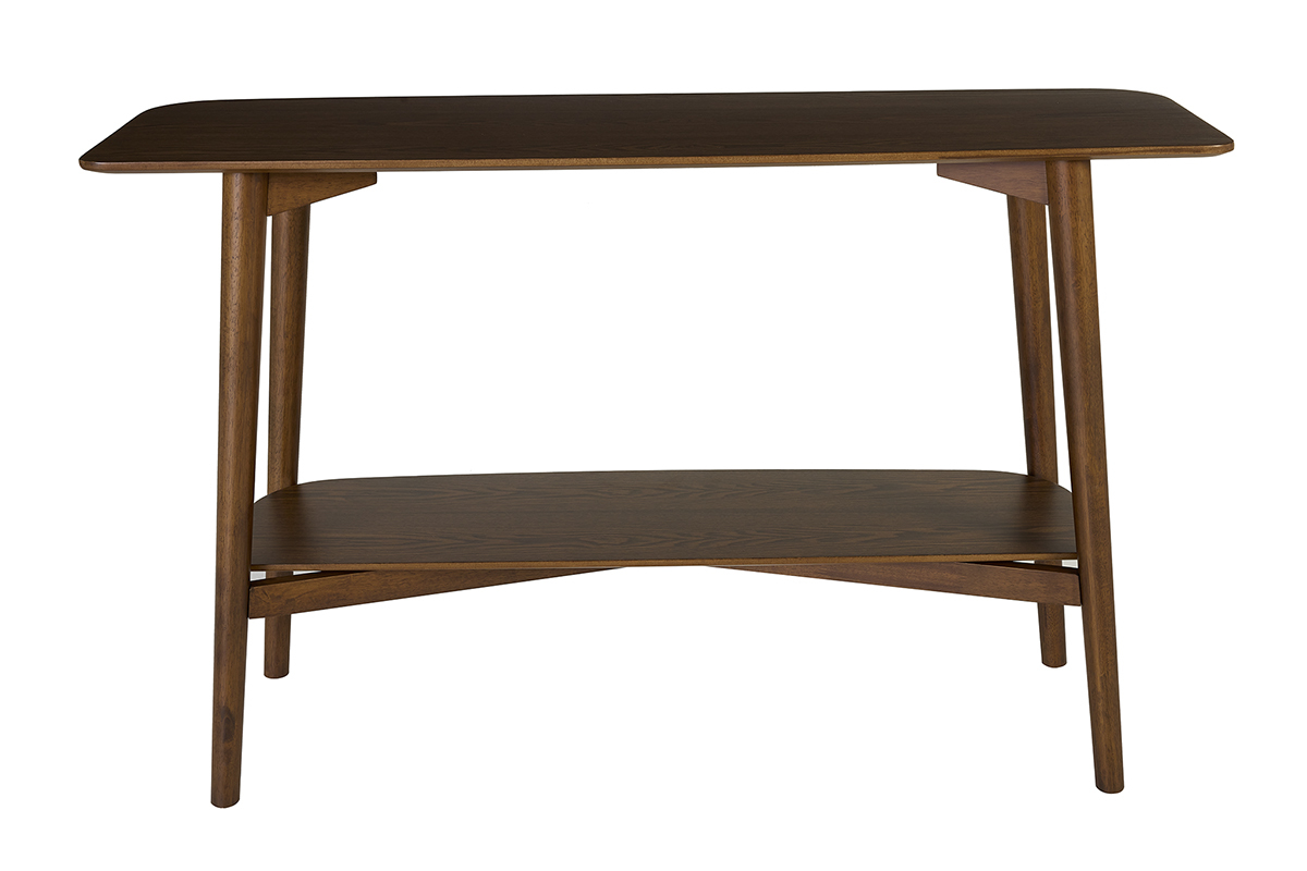 Console in legno scuro CENDY con doppie mensole vista posteriore.