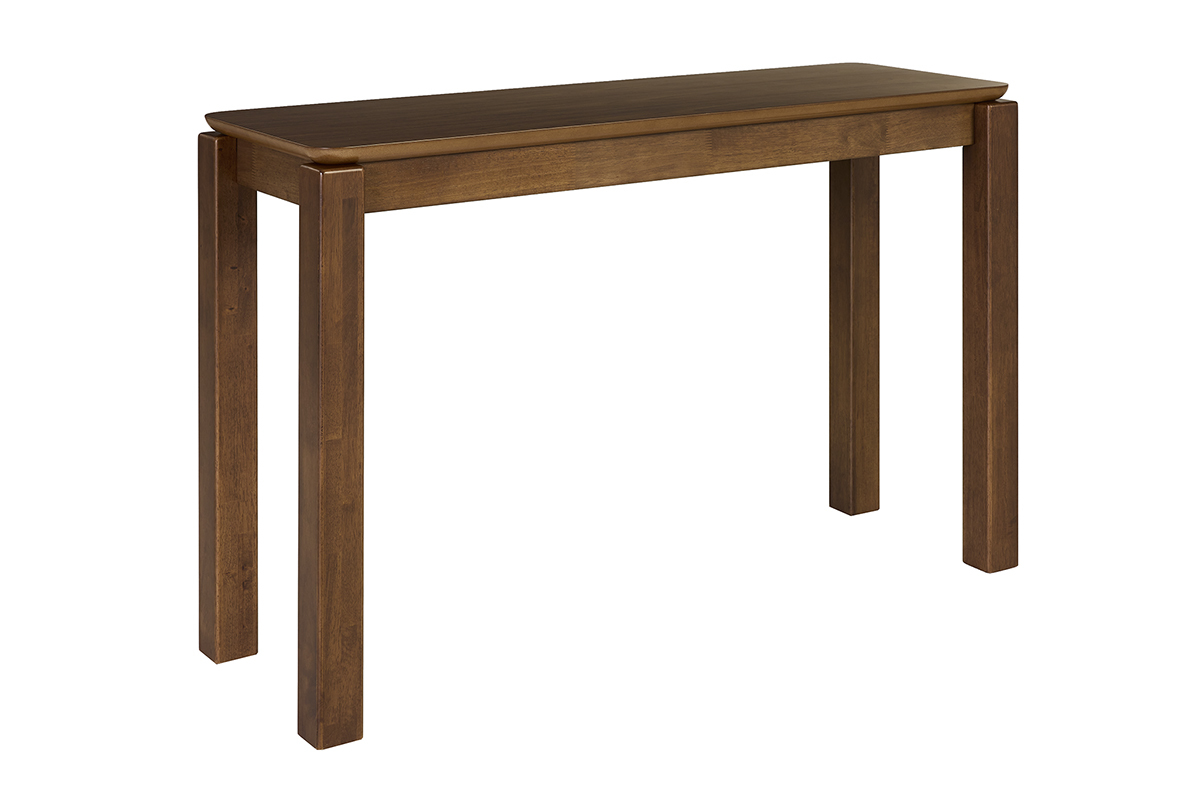 Console in legno scuro noce, vista in 3/4, con gambe parallele e superficie liscia.