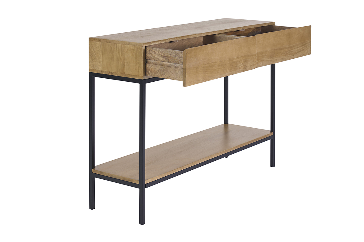 Console industriale YPSTER L110 cm con 2 cassetti in legno di mango e metallo nero, vista laterale.