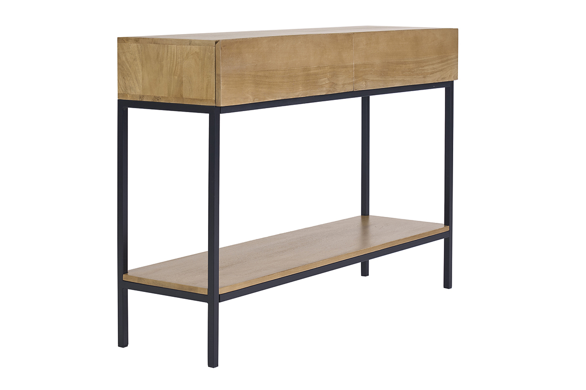 Console industriale L110 cm in legno massello di mango e metallo nero, vista a 3/4