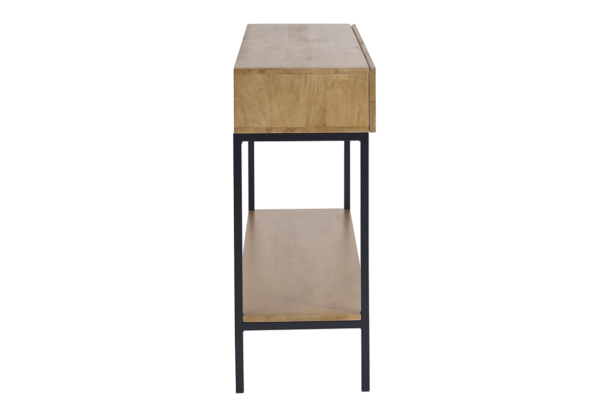 Console industriale in legno massello di mango e metallo nero, vista di profilo, con 2 cassetti e un ripiano inferiore.