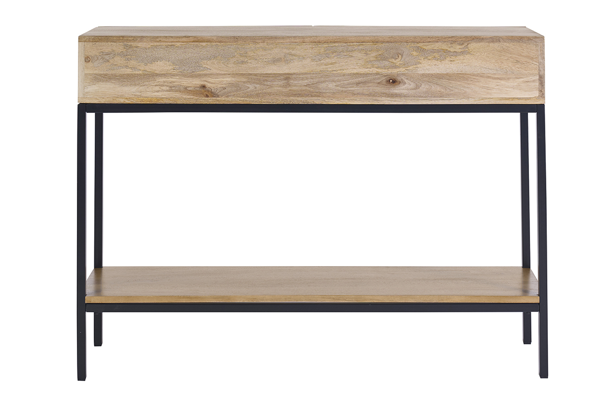 Console industriale in legno massello di mango e metallo nero, 2 cassetti, vista posteriore.