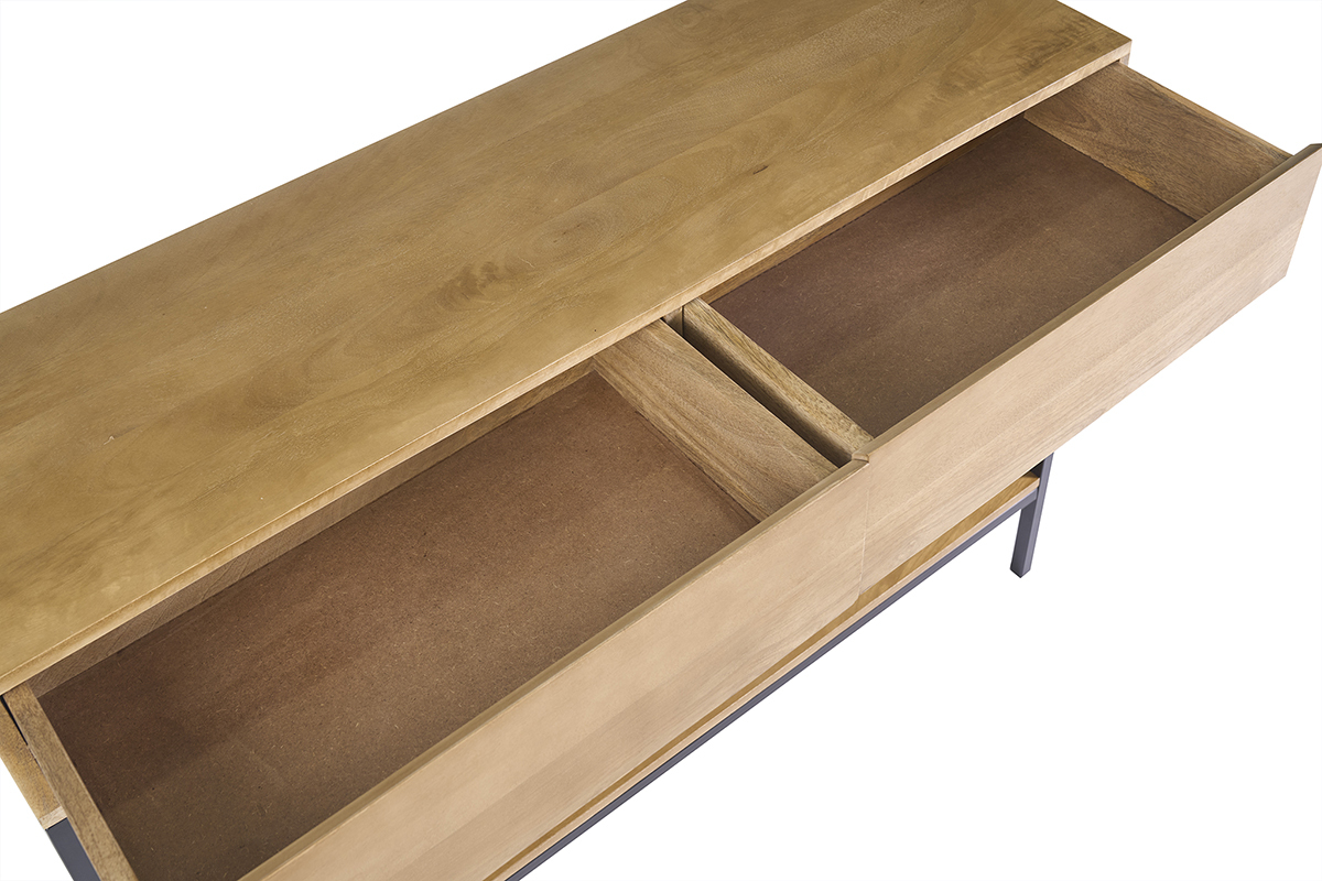 Console industriale in legno massello di mango con 2 cassetti, vista dall'alto.