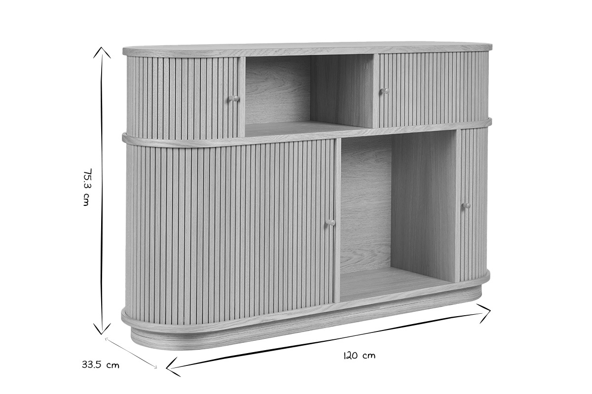 Console EPIC in legno chiaro con porte scorrevoli, 120x33.5x75.3 cm, vista laterale, bianco e nero.