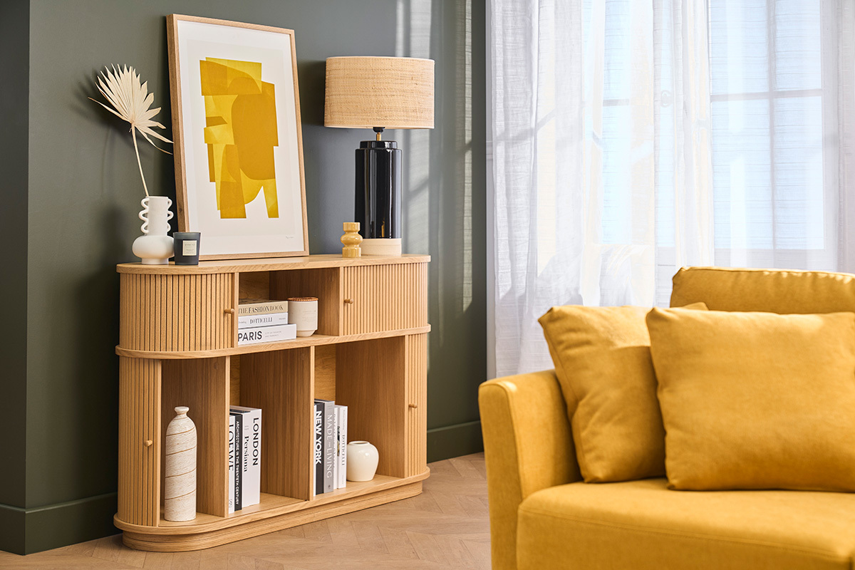 Console vintage in legno chiaro quercia con porte scorrevoli L120 cm EPIC