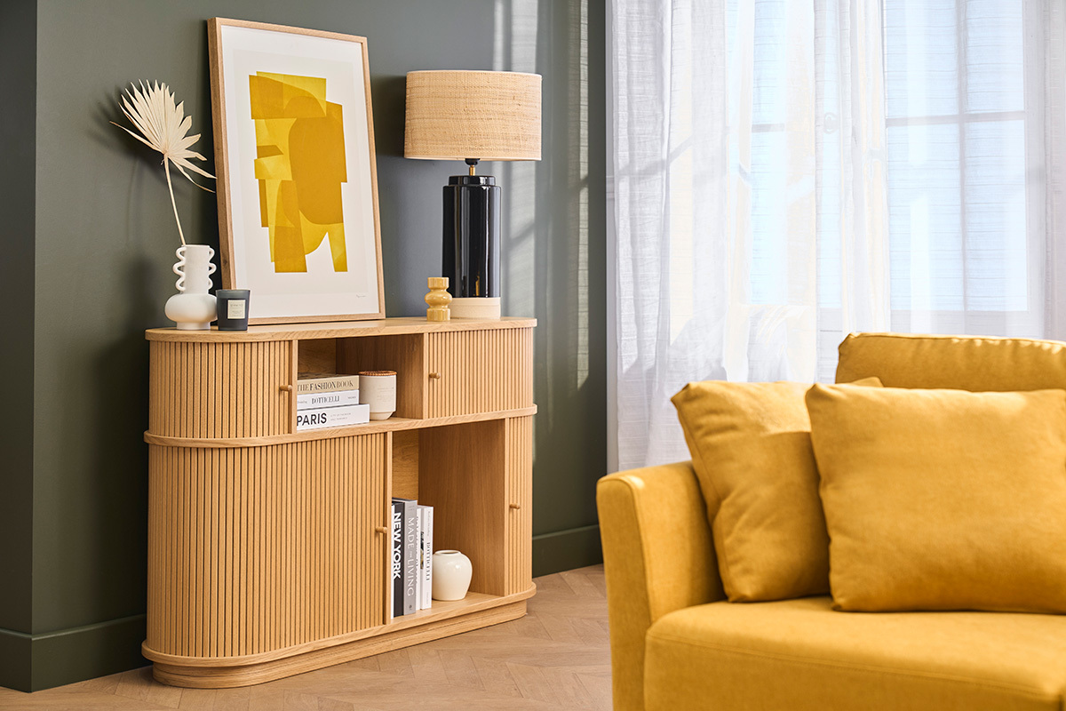 Console vintage in legno chiaro quercia con porte scorrevoli L120 cm EPIC