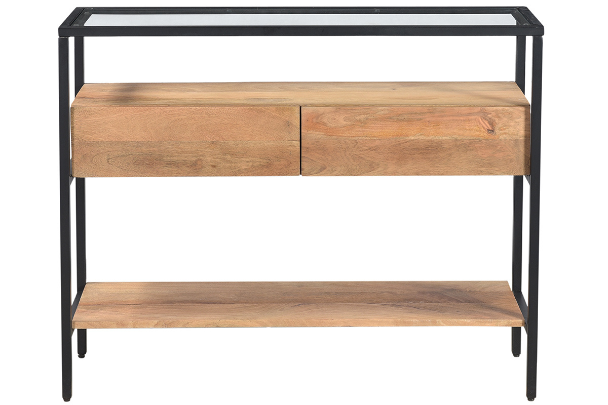 Consolle con piano in vetro e cassetti in legno massello di mango L100 cm SITA