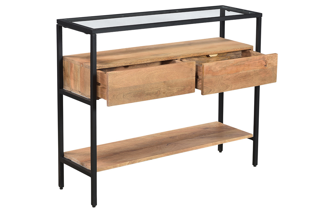 Consolle con piano in vetro e cassetti in legno massello di mango L100 cm SITA