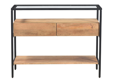 Consolle con piano in vetro e cassetti in legno massello di mango L100 cm SITA - Consolle con piano in vetro e cassetti in legno massello di mango L100 cm SITA