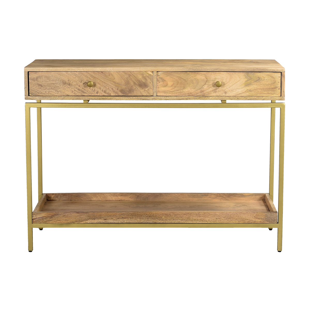 Consolle con ripiani 2 cassetti legno chiaro massello di mango e metallo dorato L110 cm OCTAVIE