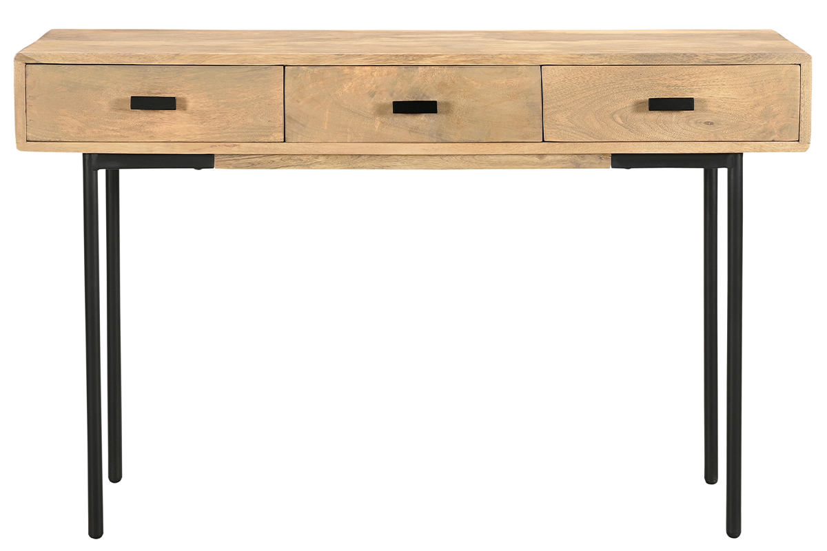 Consolle con ripiani 3 cassetti in legno chiaro massello di mango e metallo nero L120 cm JUDE