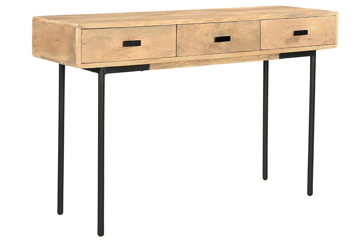 Consolle con ripiani 3 cassetti in legno chiaro massello di mango e metallo nero L120 cm JUDE