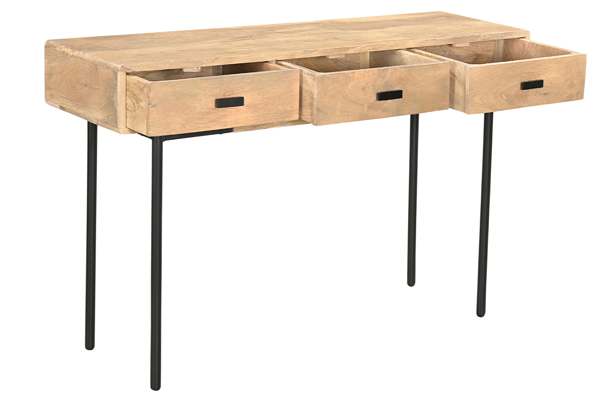 Consolle con ripiani 3 cassetti in legno chiaro massello di mango e metallo nero L120 cm JUDE
