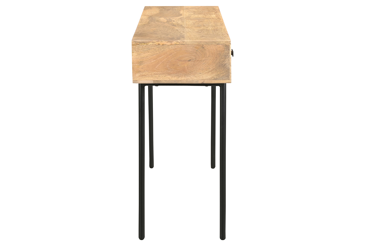 Consolle con ripiani 3 cassetti in legno chiaro massello di mango e metallo nero L120 cm JUDE