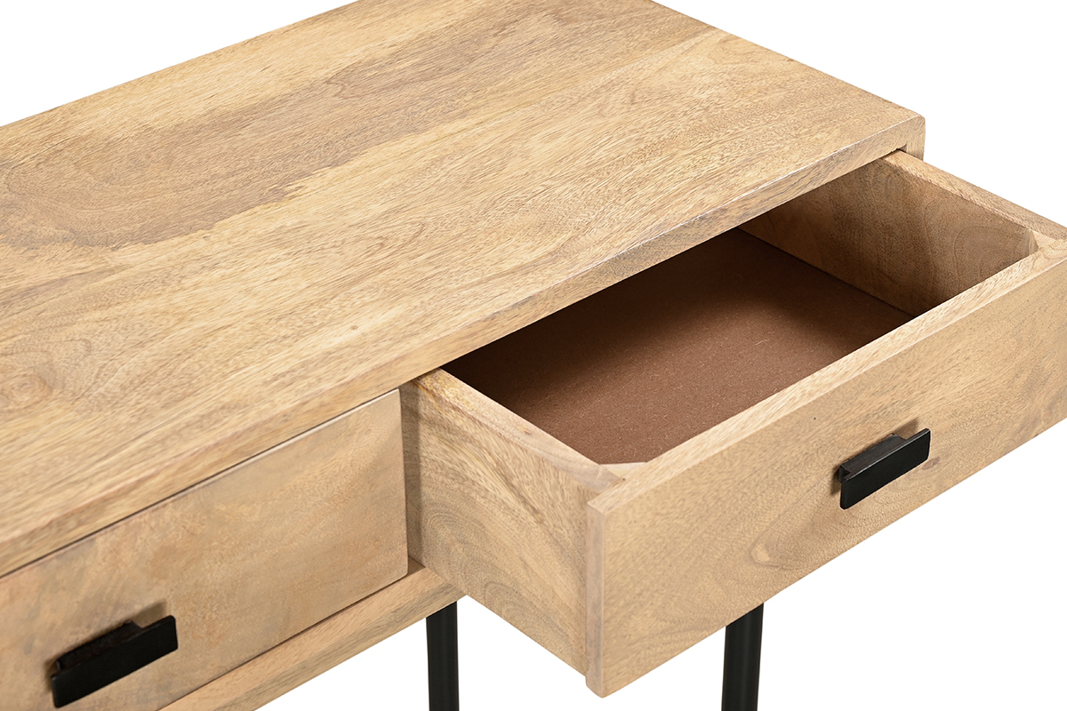 Consolle con ripiani 3 cassetti in legno chiaro massello di mango e metallo nero L120 cm JUDE