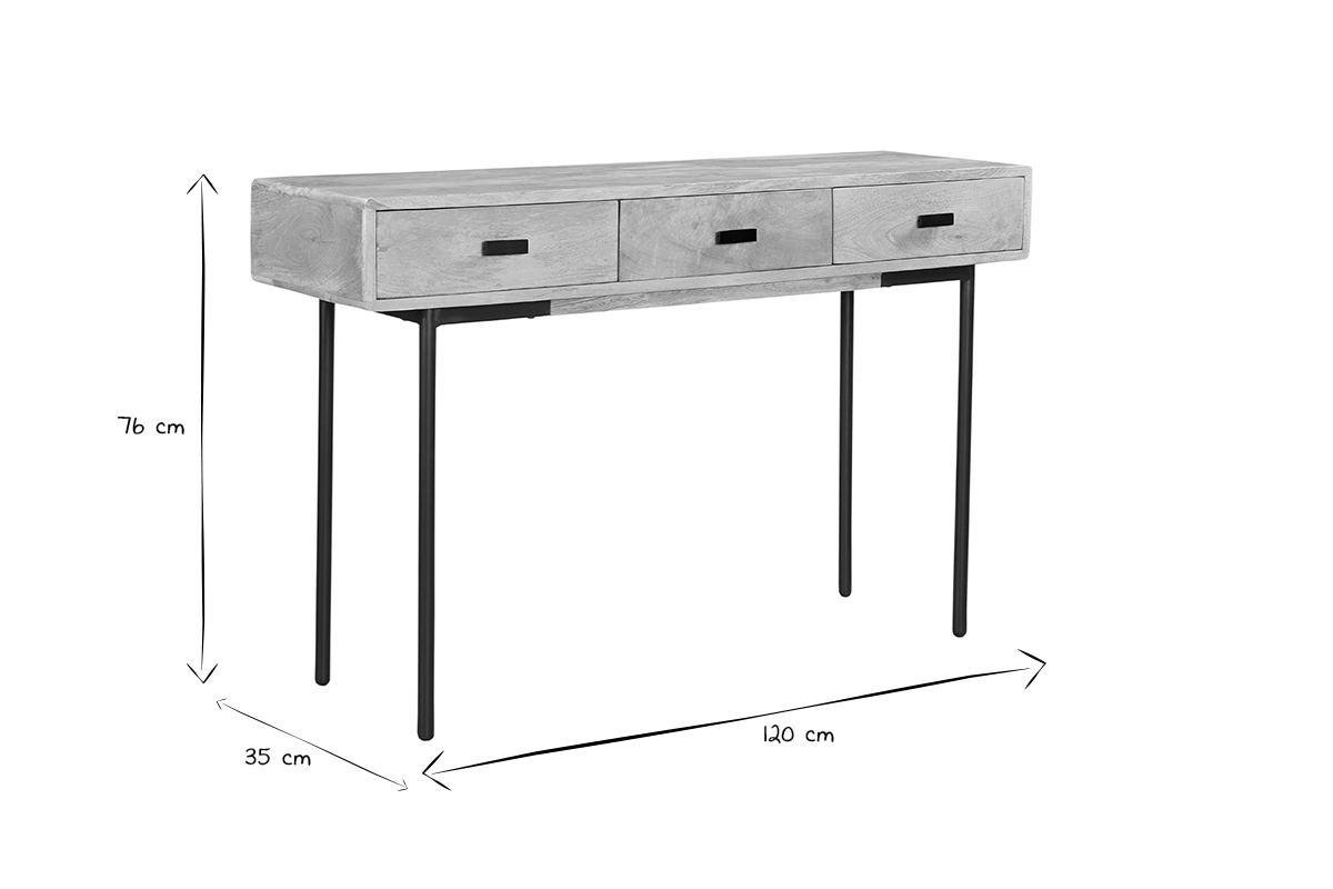Consolle con ripiani 3 cassetti in legno chiaro massello di mango e metallo nero L120 cm JUDE