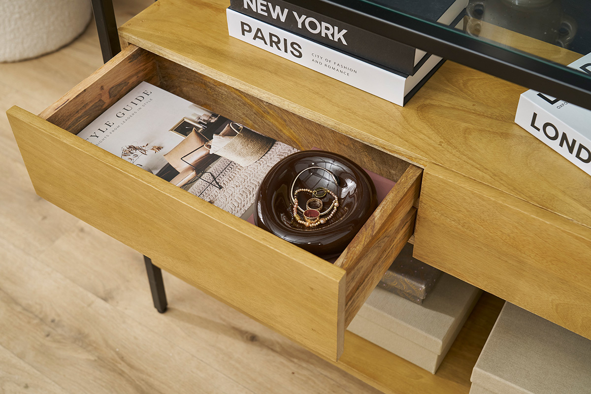 Consolle in legno massello di mango e ripiano in vetro 2 cassetti L100 cm SITA