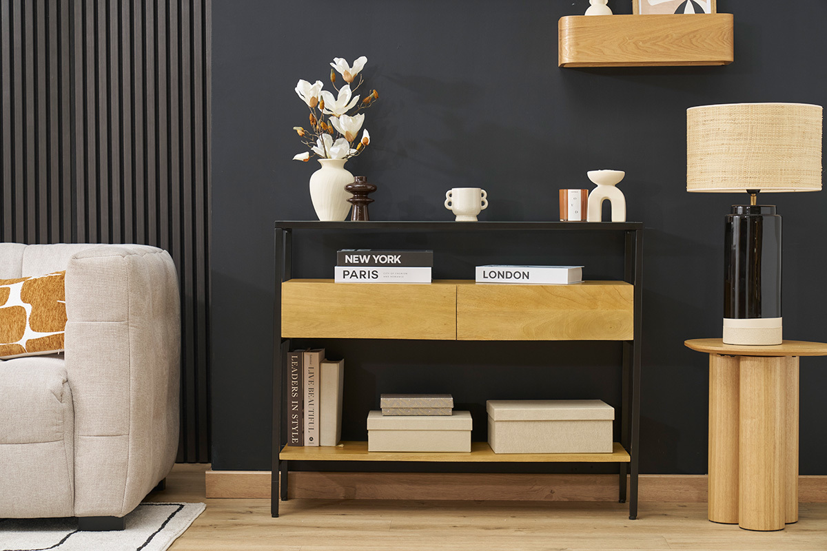 Consolle in legno massello di mango e ripiano in vetro 2 cassetti L100 cm SITA