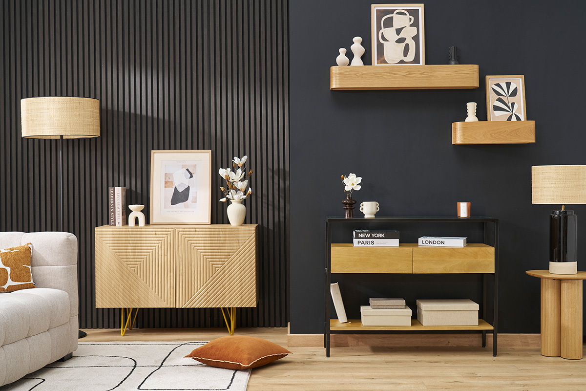 Consolle in legno massello di mango e ripiano in vetro 2 cassetti L100 cm SITA