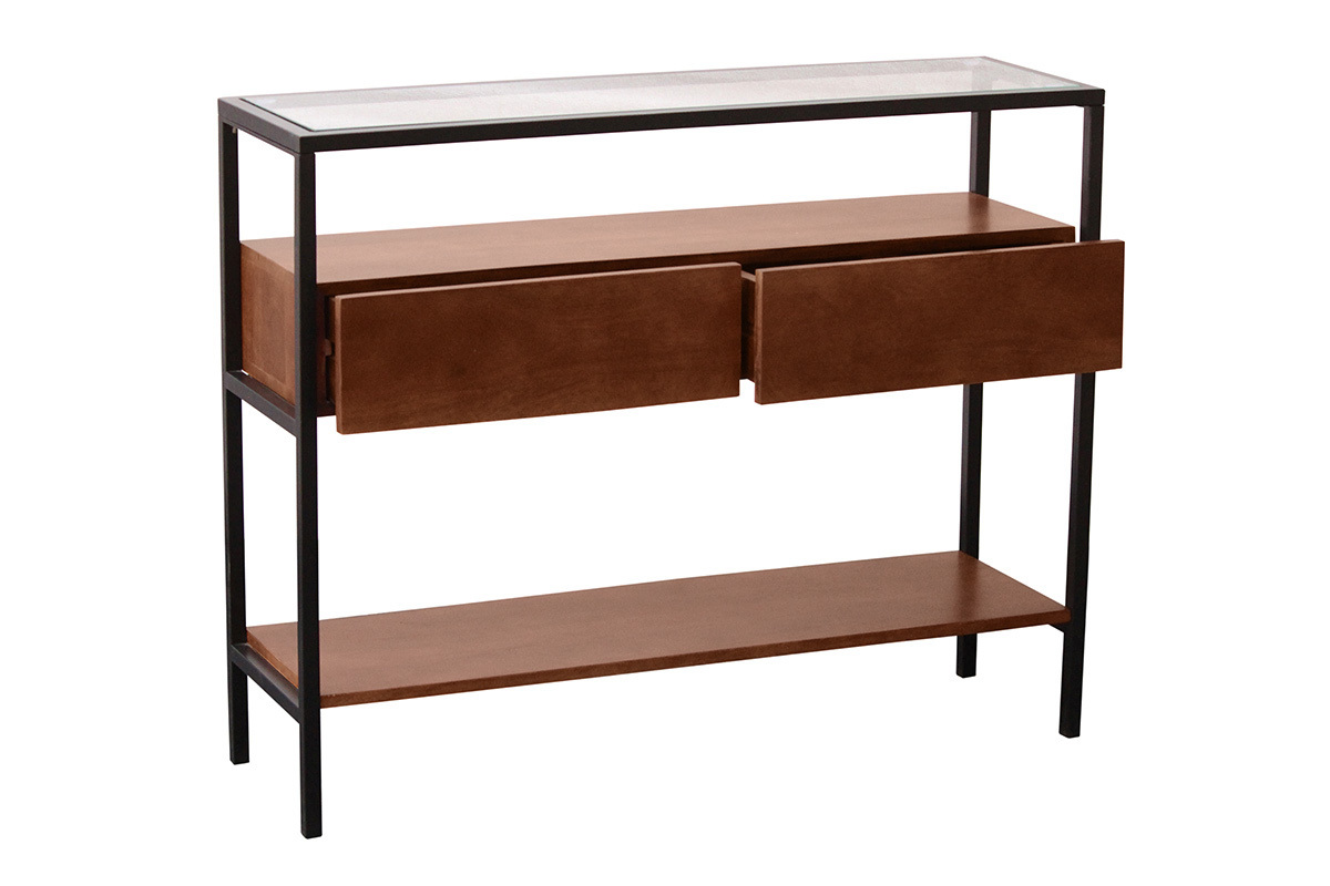 Console in legno massello di mango scuro con piano in vetro e 2 cassetti, vista a 3/4.
